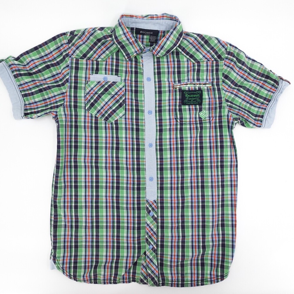 Rocawear Classic Shirt Youth XL (18-21) Plaid Button Up Short Sleeve Logo